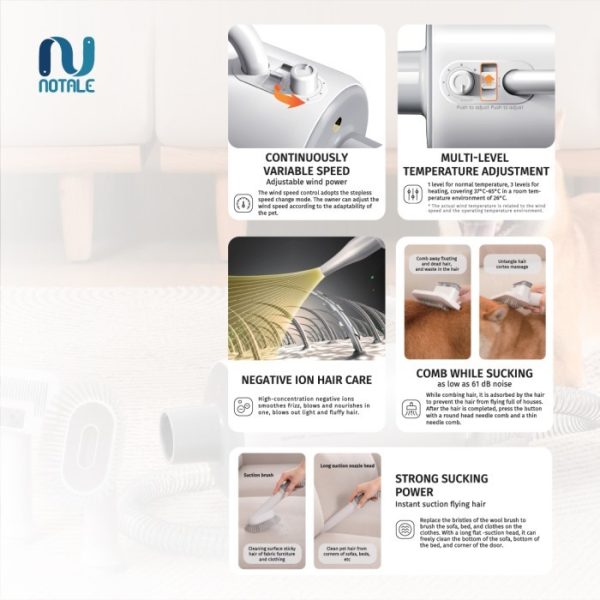 Notale Pet Blower Dog Cat Grooming Vacuum NTL-BG991 Profesional Pengering Sisir Bulu Anjing Kucing Multifungsi - Image 4